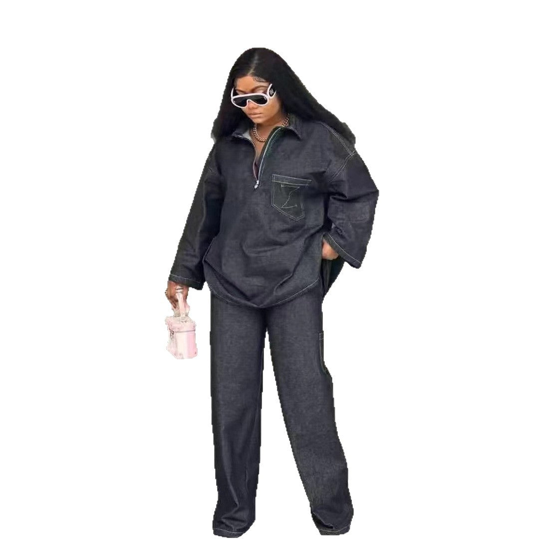 Women Autumn Denim Long-Sleeved Embroidered Turndown Collar Top and Two-Piece Pants Set 7