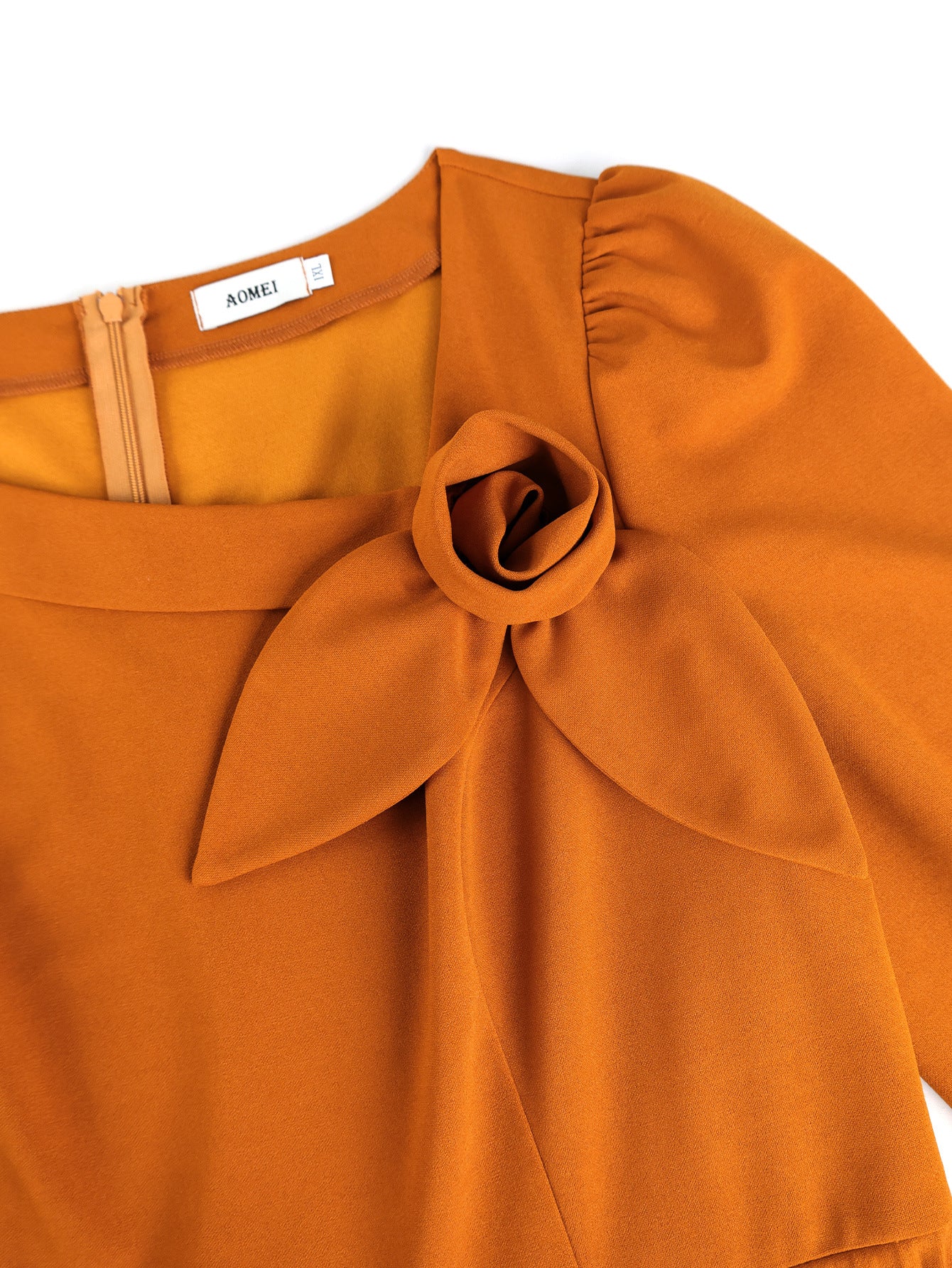 Plus-Size Women Elegant Brown Long-Sleeved Slash Shoulder Floral Pleated Evening Dress 6