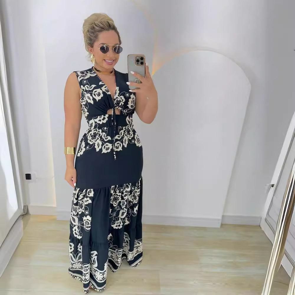 Women Printed Patchwork Lace-Up Hollow Sleeveless Dress 4