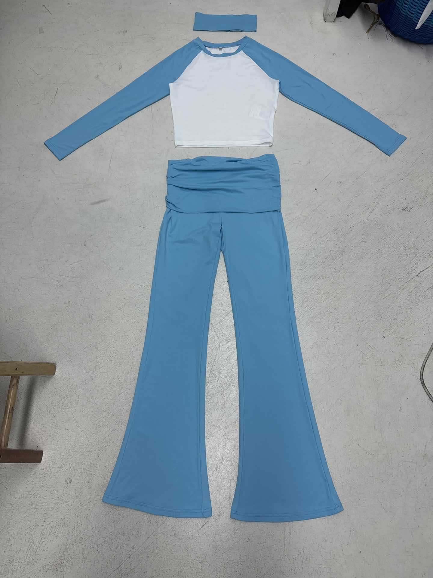 American Casual Sport Color Block Long Sleeve T-Shirt & Fold-Waist Pants Gym Three-Piece Set 26