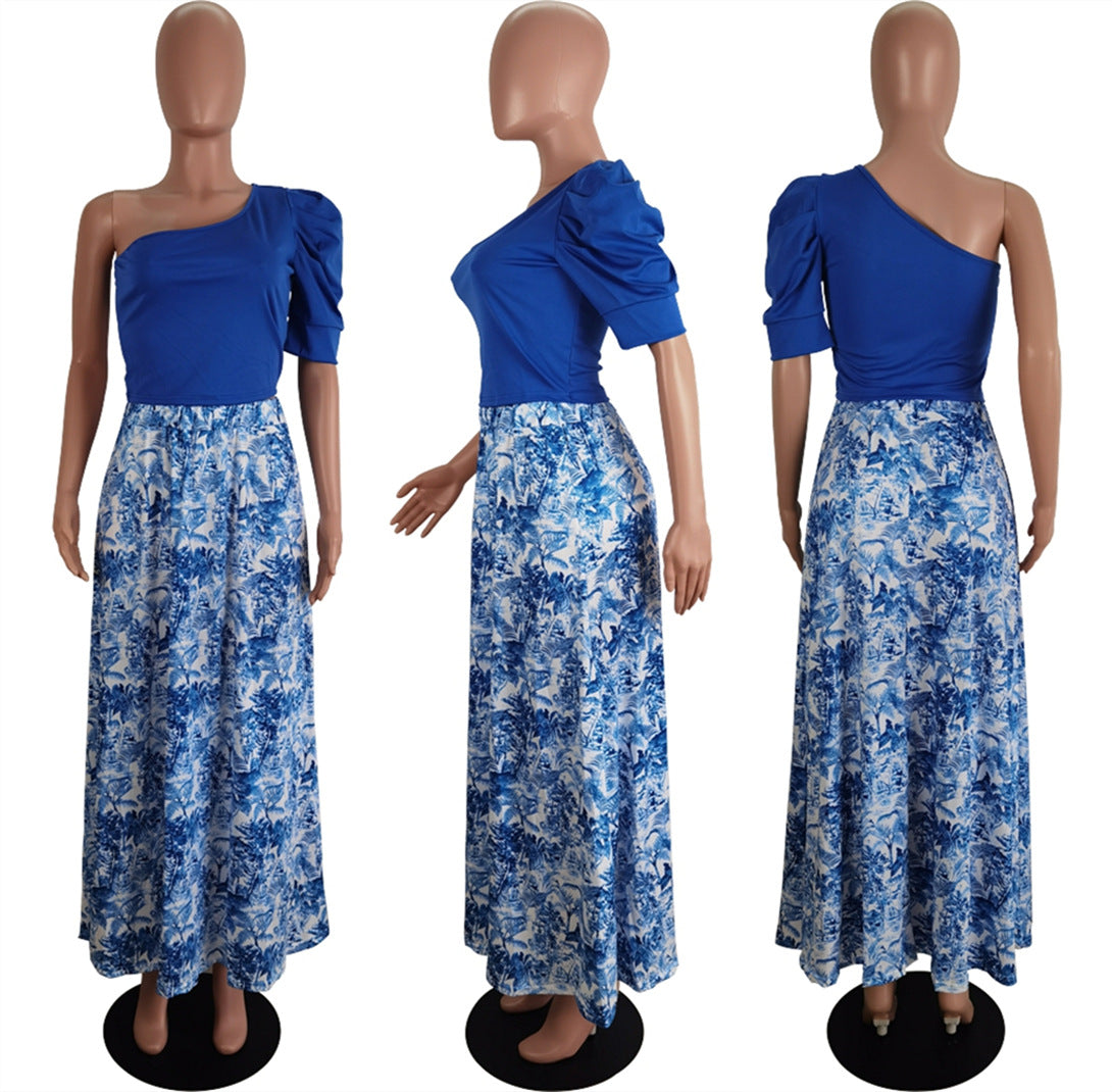 Women Style One-shoulder Top + Printed Swing Skirt Two-piece Set 11