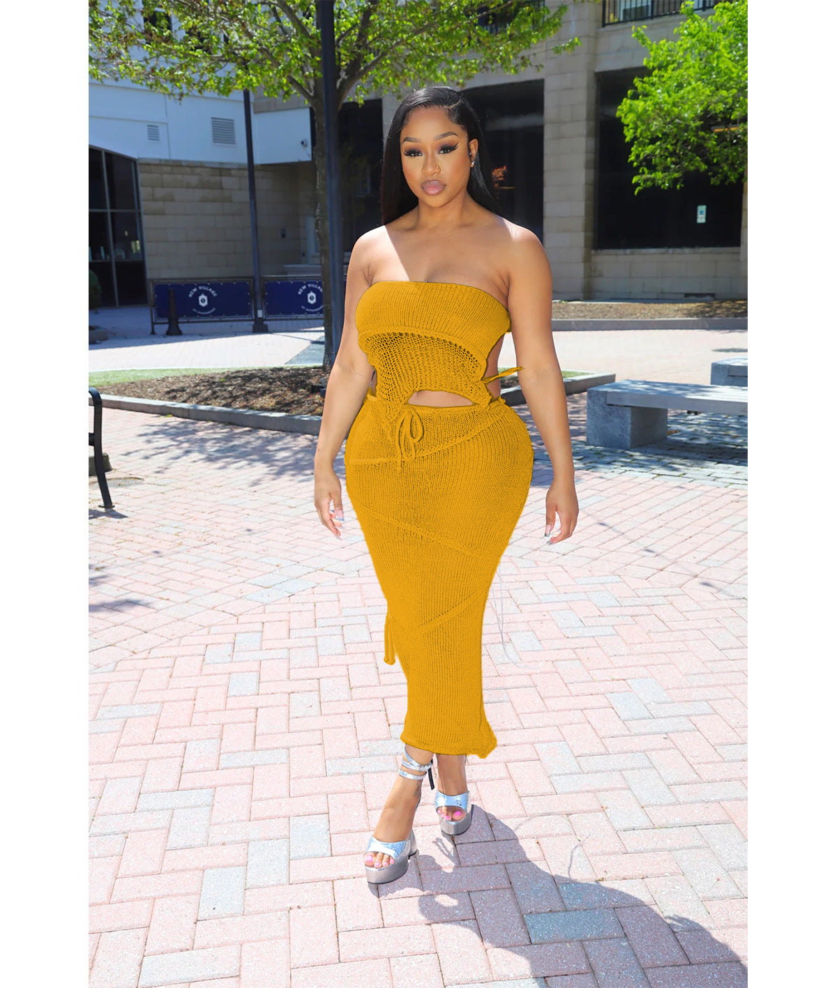 Women Sexy Wrap Backless Backless Crop Top and Skirt Two-Piece Set 3