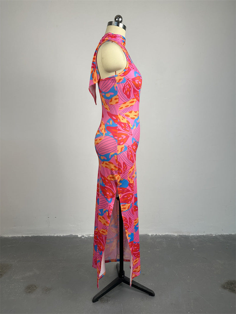 Women's Spring Chic Halter Neck Sleeveless Printed Slim Maxi Dress 10