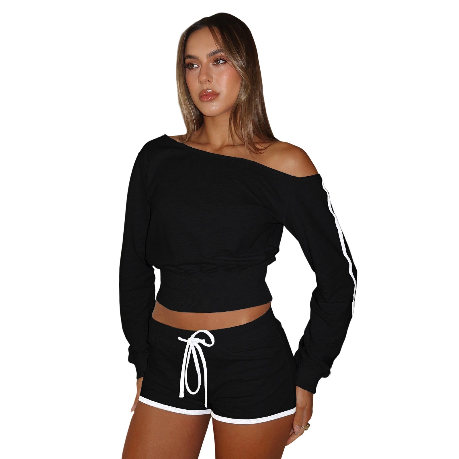 Women's Casual Slash Shoulder Long Sleeve Top Drawstring Shorts Two-Piece Set 51