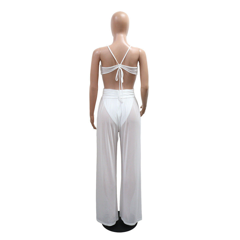 Sexy V-Neck Tie Low Back See-Through Jumpsuit with Long Pants for Women 5