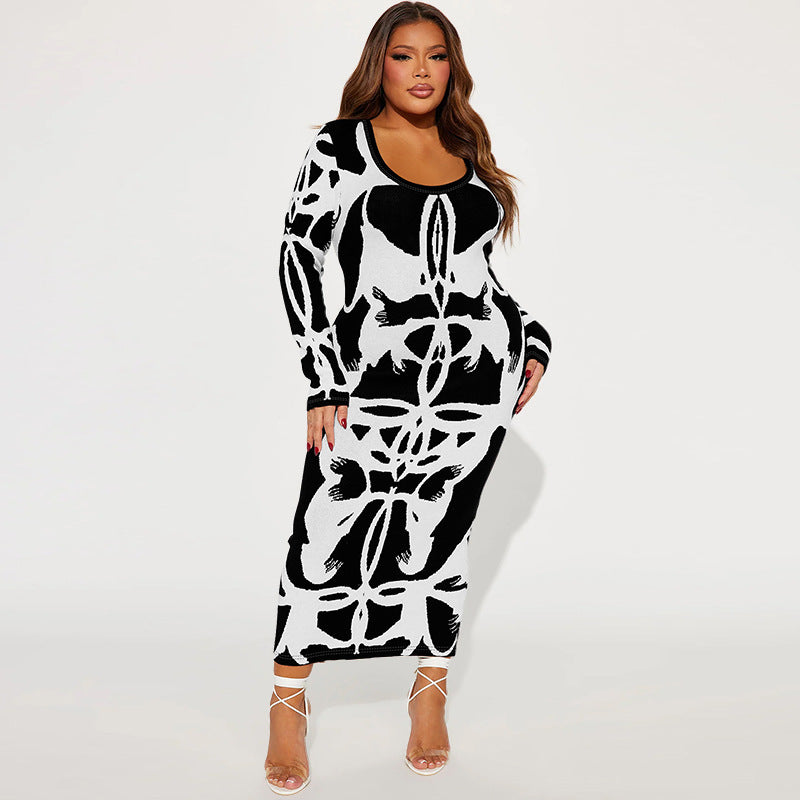 Plus Size Women's Sexy U Neck Long Sleeve Dress