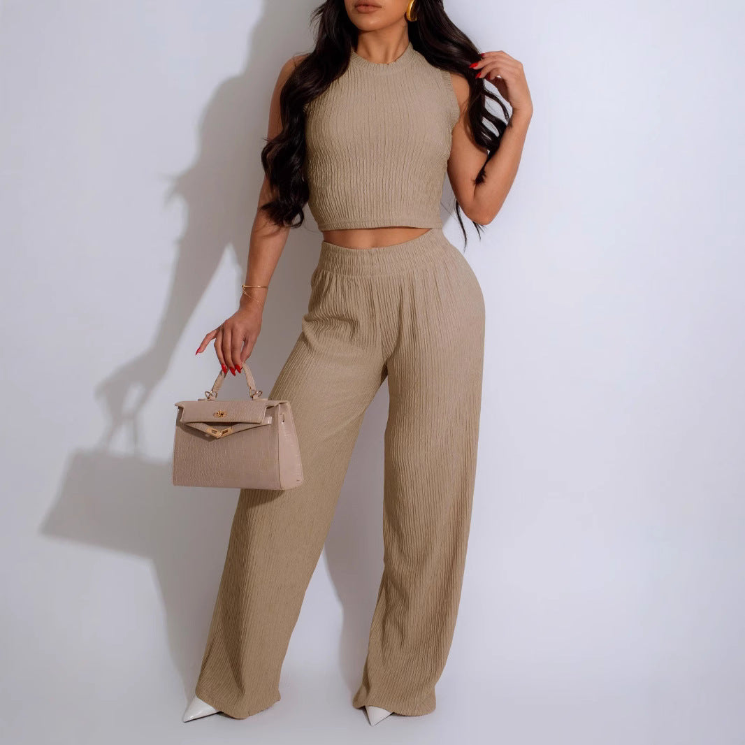 Women Sexy Vest Pleated Pants Two Piece Set 12