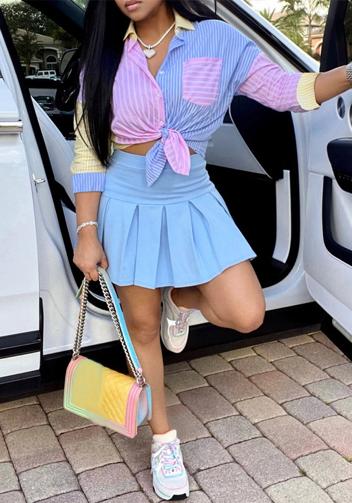 Women Striped Print Three-quarter Sleeve Shirt and Skirt Two-piece Set