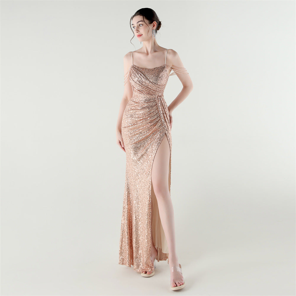 Sexy Low Back Fishtail Sequin Evening Dress Beaded Slim Dinner Gown 9