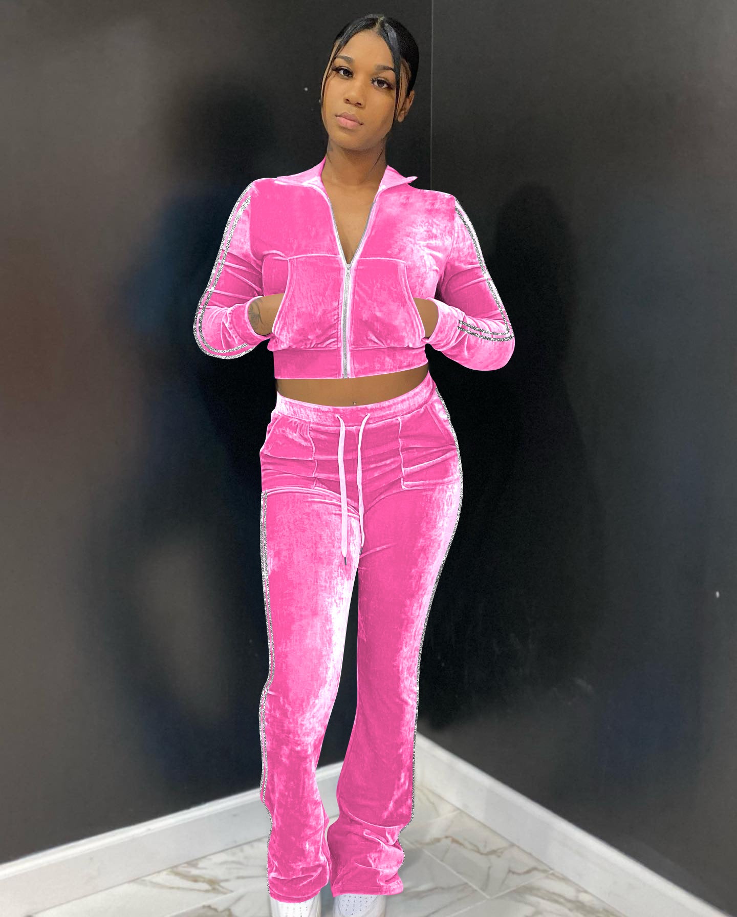 Women's Solid Velvet Casual Zip Top Wide Leg Pants Two Piece Tracksuit 8