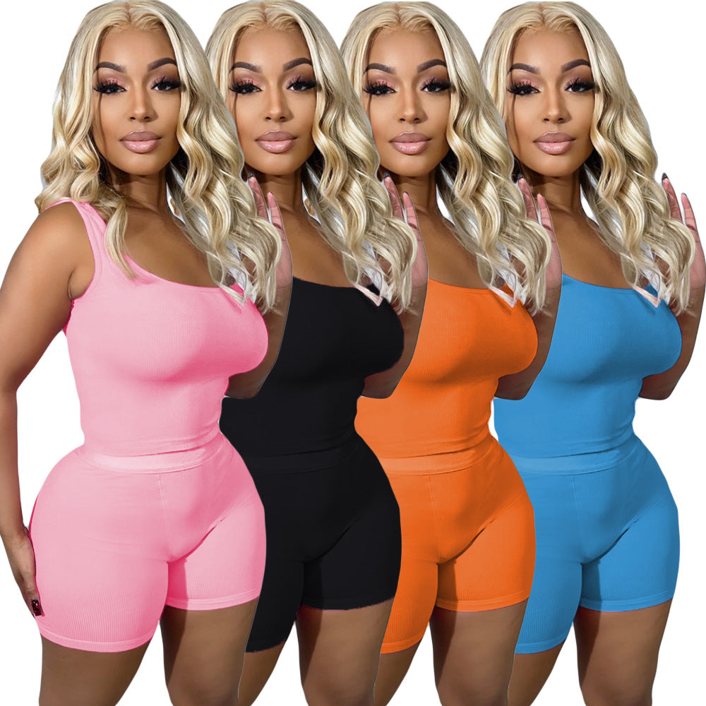 Women Solid Ribbed Top and Shorts Sports Two-Piece Set 10