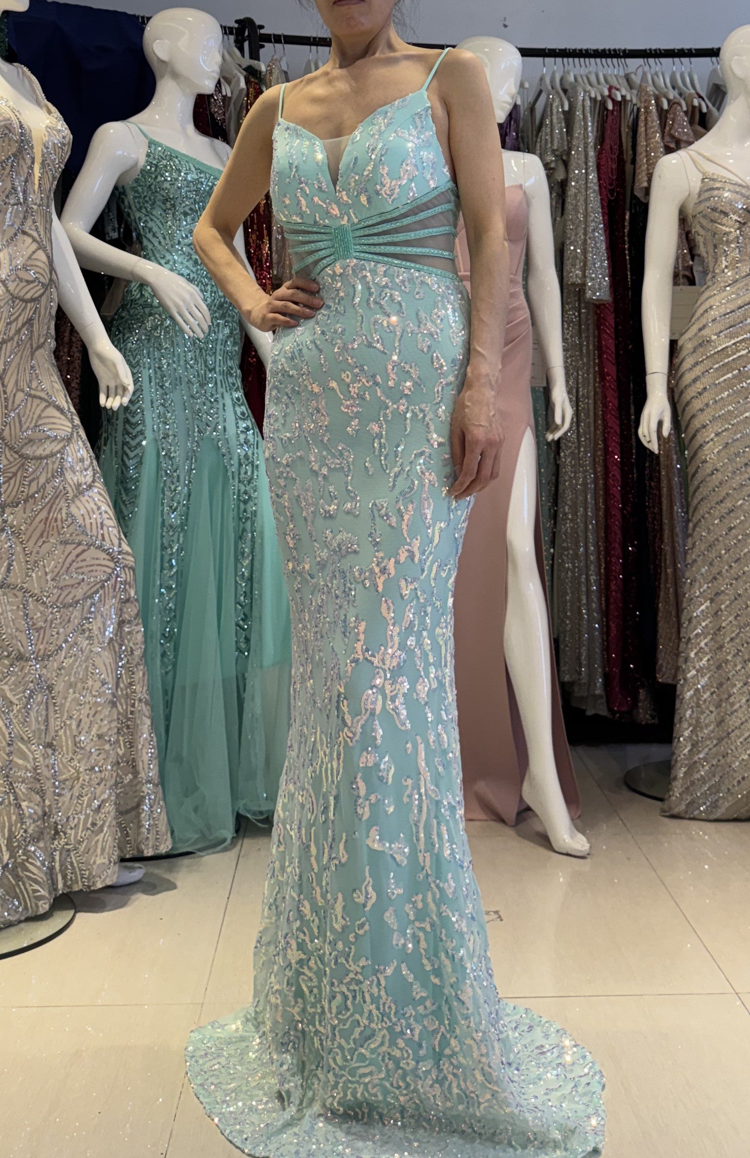 Women clothing V Neck sequins beaded hollow mesh off-shoulder Formal Party evening dress 32