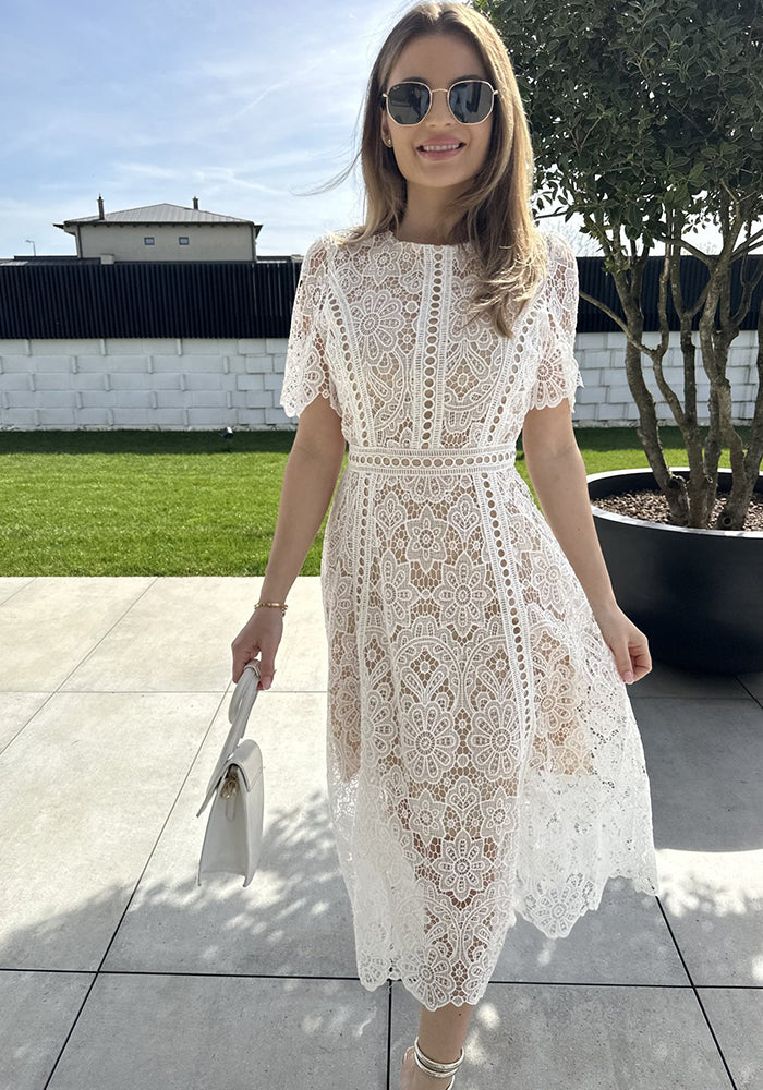 Round Neck Ruffle Sleeve Lace Dress Women's Summer Slim Fit Chic Elegant Gown