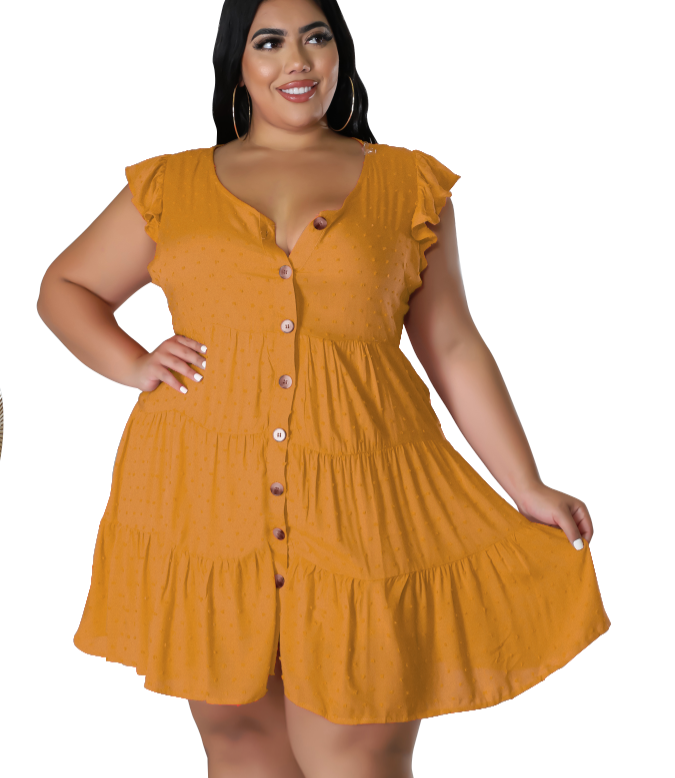 Plus Size Women's Solid Color Ruffled Short Sleeve Button Up Casual A-line Dress 6