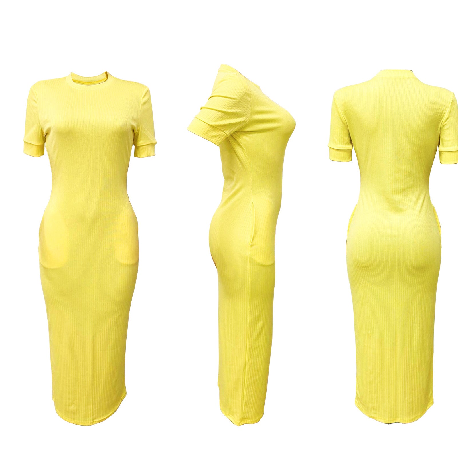 Summer Women's Fashion Round Neck Solid Rib Short Sleeve Sexy Slim Long Dress 14