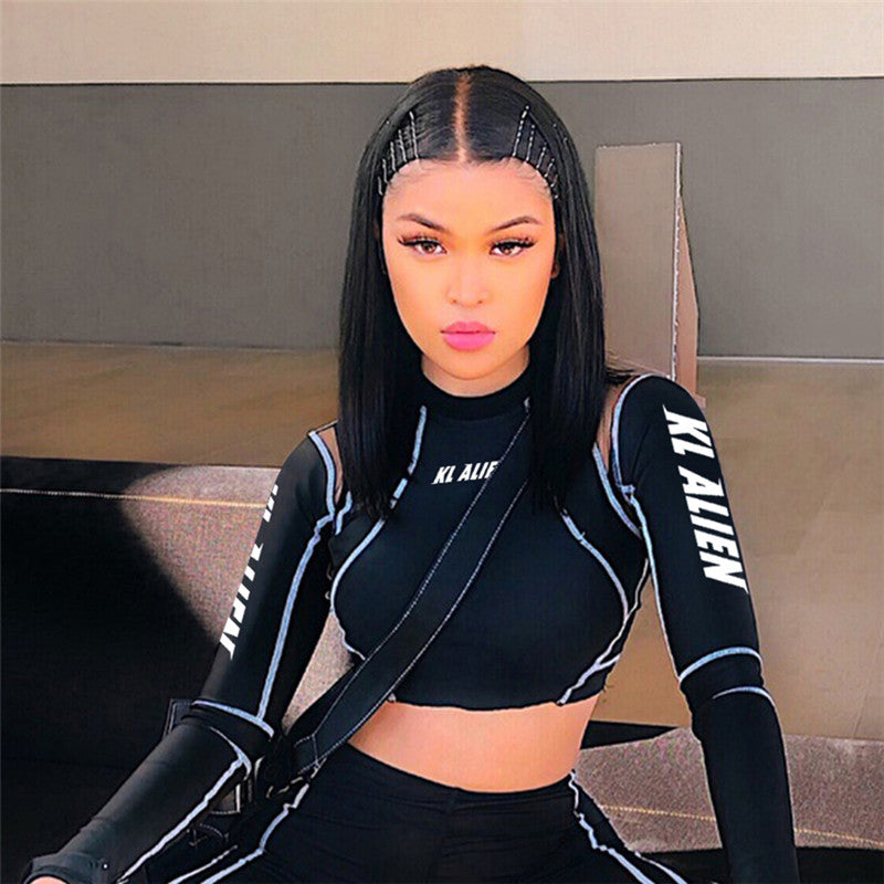 Spring Street Fashion Printing Mesh Patchwork Pullover Crop Tight Fitting Slim Top 5