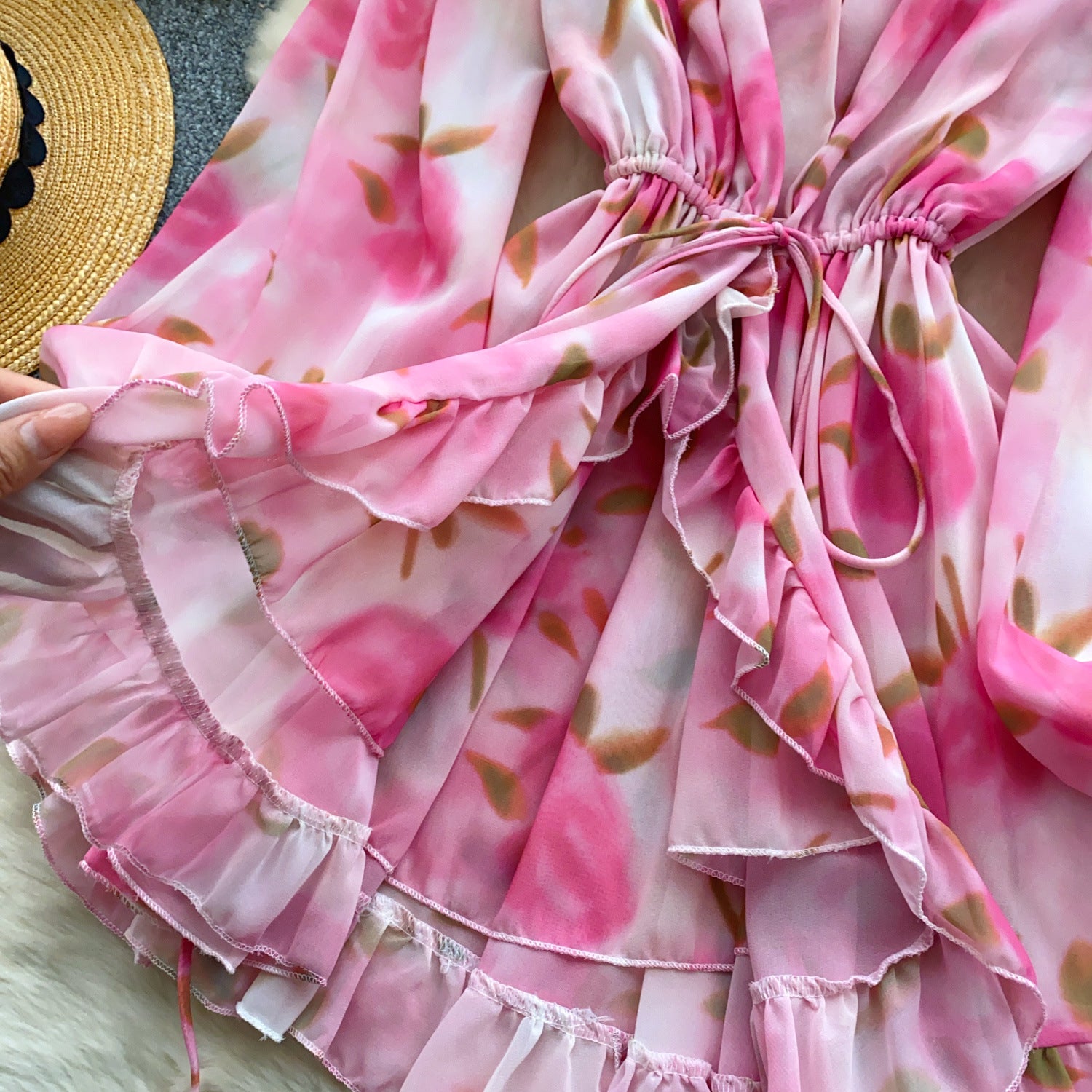 Holidays Style Women's Lace Up Slim Waist V neck Lantern Sleeve Ruffled Floral Short Dress 10