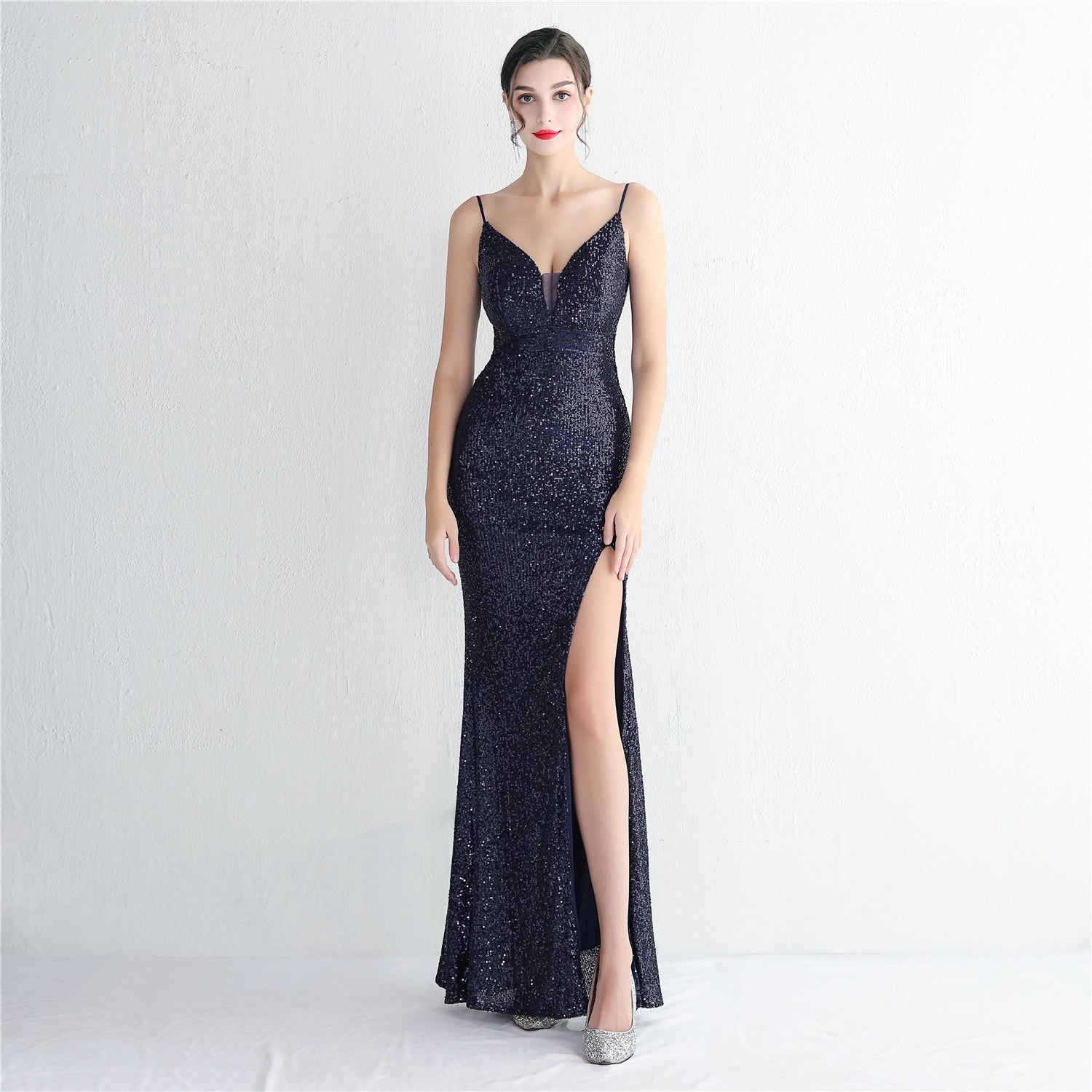 WomenElegant Sequins V Neck Backless SlitEvening Dress 9