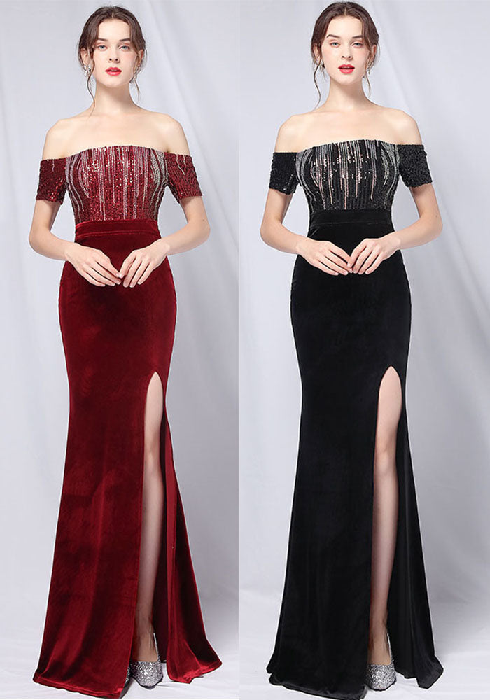 Summer Formal Sequin Upper Off Shoulder Slit Evening Dress