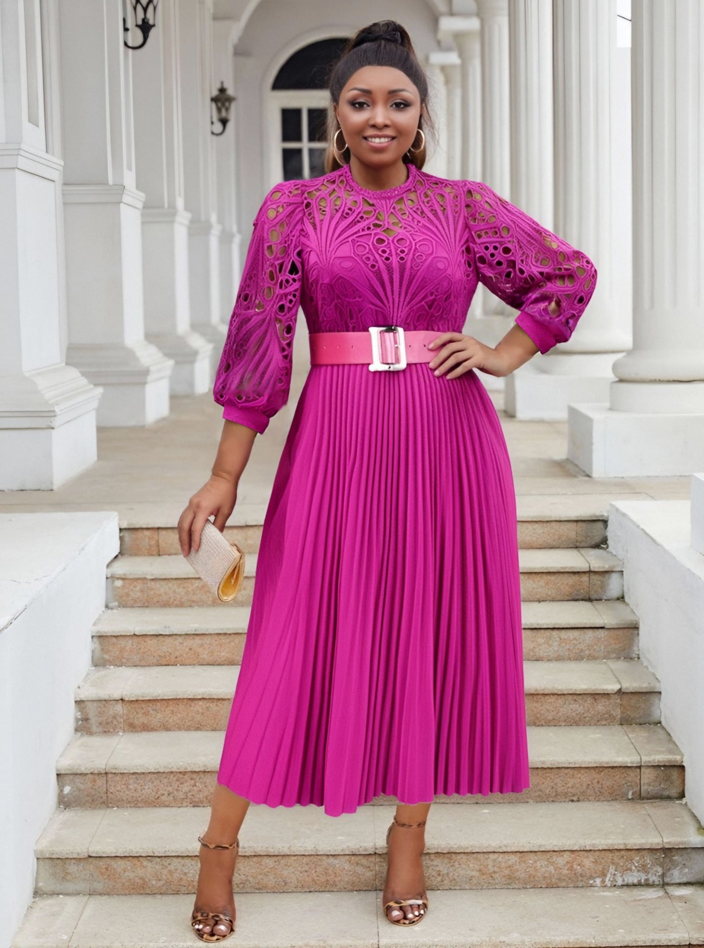 Plus Size Women lace hook flower sexy hollow pleated dress 13