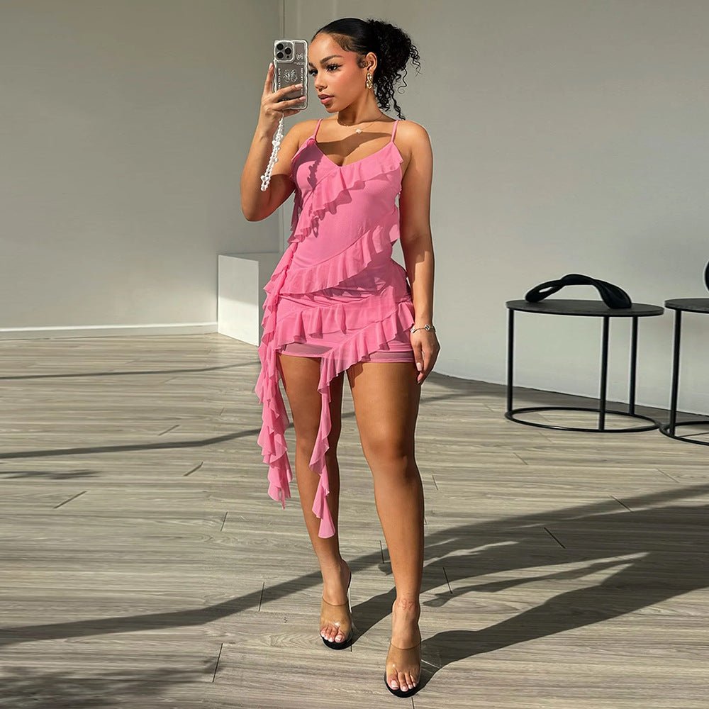 Women sexy suspender ruffle dress