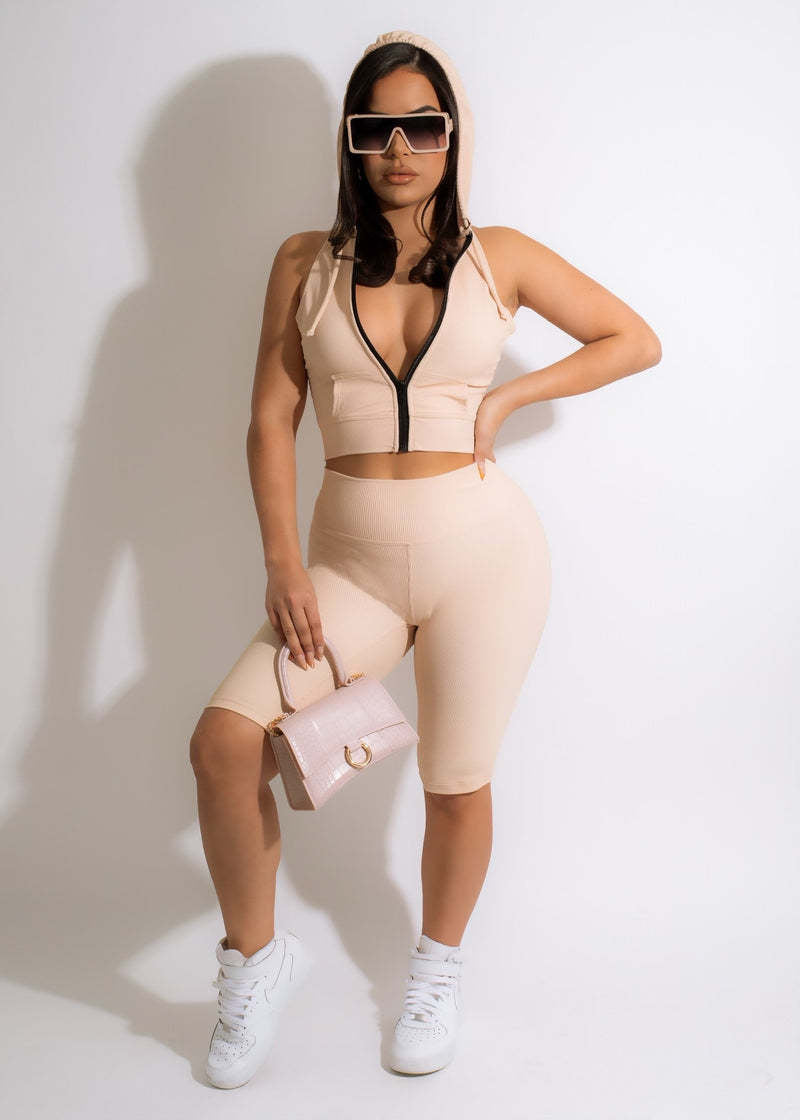 Summer Women's Hooded Pocket Sleeveless Zip Top Shorts Two-Piece Set 3