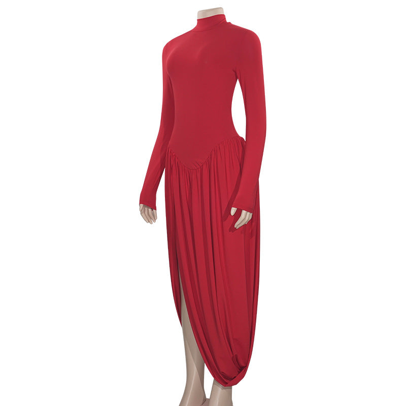 Autumn Solid Color High Neck Long Sleeve Slim Slit Pleated Long Dress 6