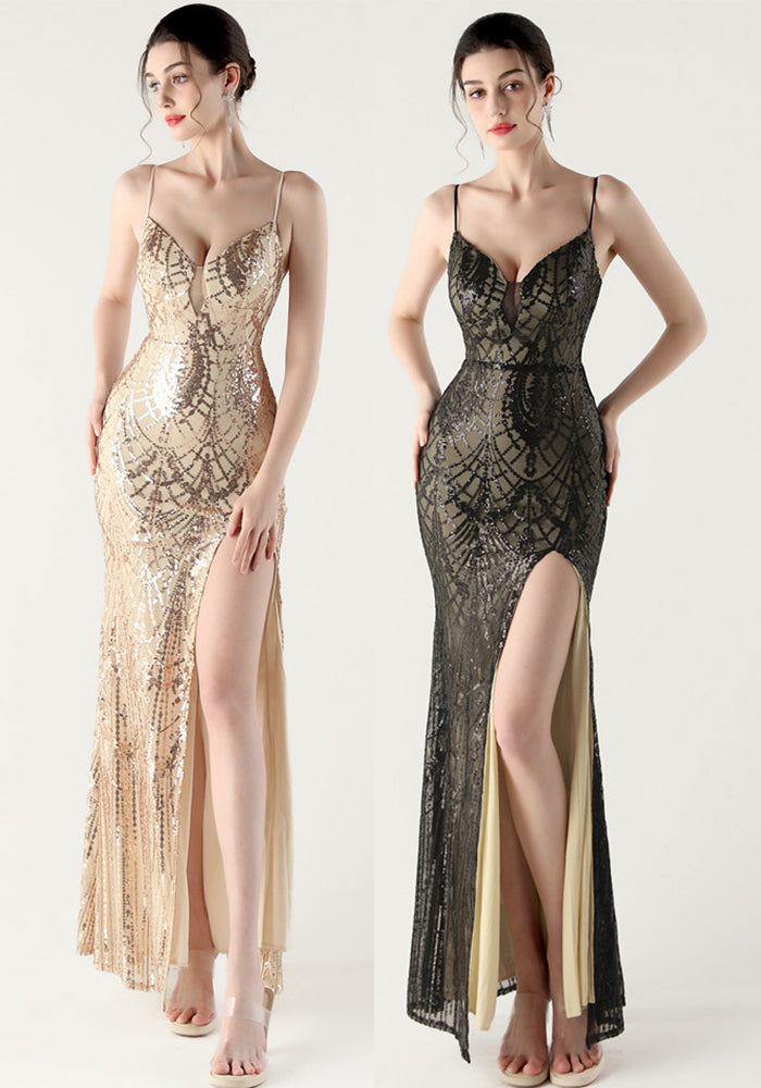 Women Sequin Sexy V-neck Cross Lace-Up Fishtail Formal Party Evening Dress