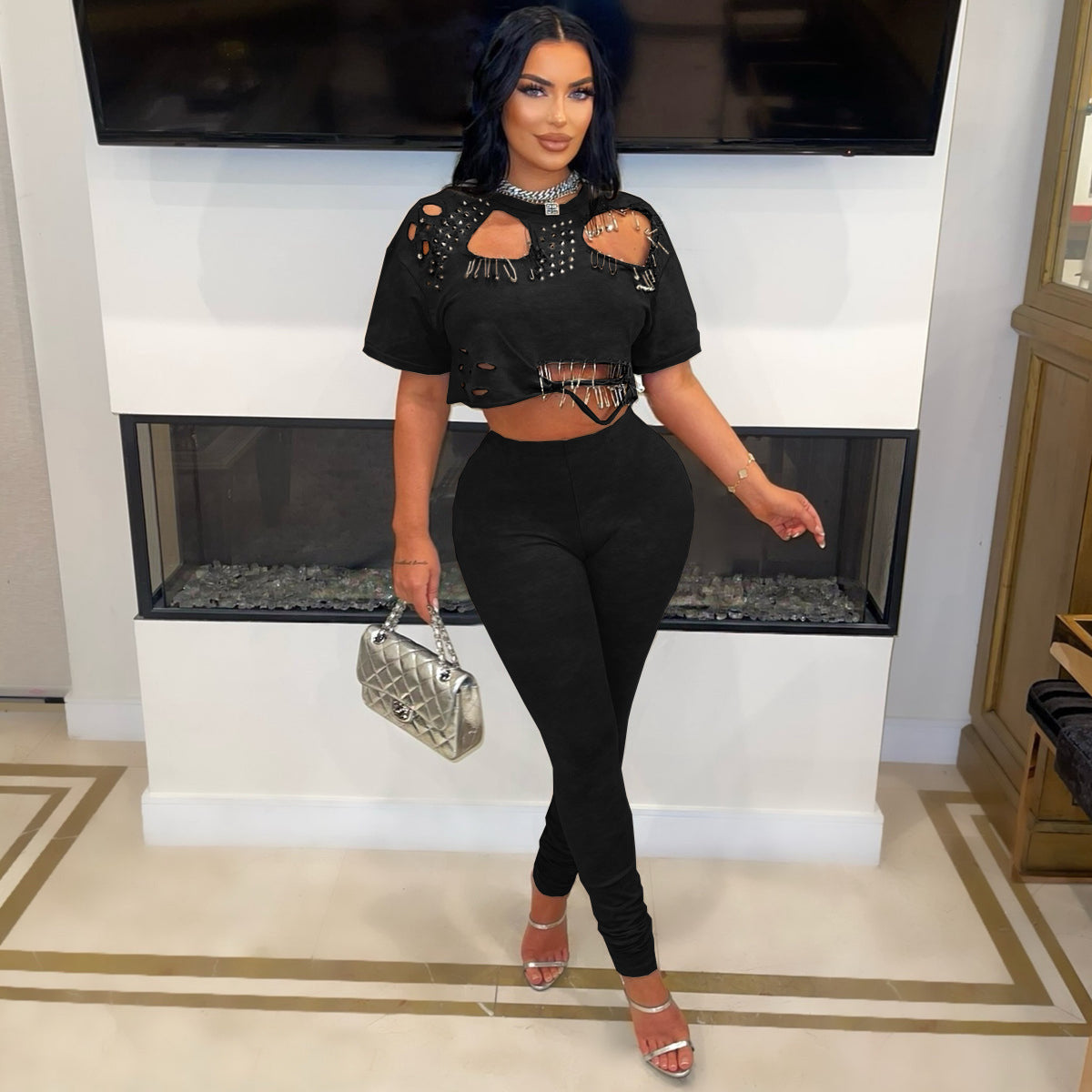 Spring/Summer Casual Ripped Pin Short Sleeve T-Shirt Pants Set