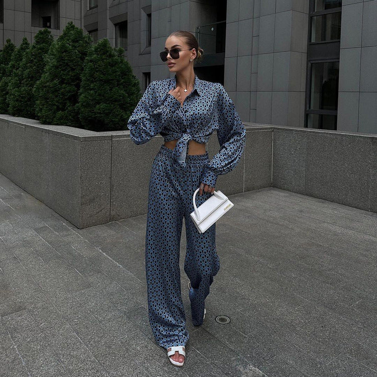 Autumn Chic Outfit Printed Long Sleeve Turndown Collar Shirt Wide-Leg Pants Fashion Two-Piece Suit