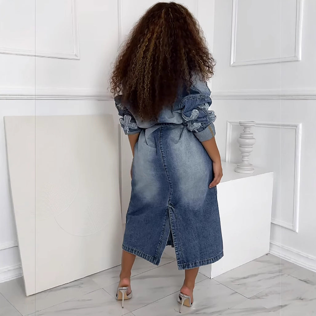 Women's Autumn Winter Street Fashion Cross Embroidery Long Denim Jacket 5