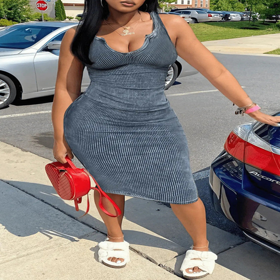 Sexy U-Neck Solid Color Sleeveless Bodycon Midi Dress Women's Clothing 8