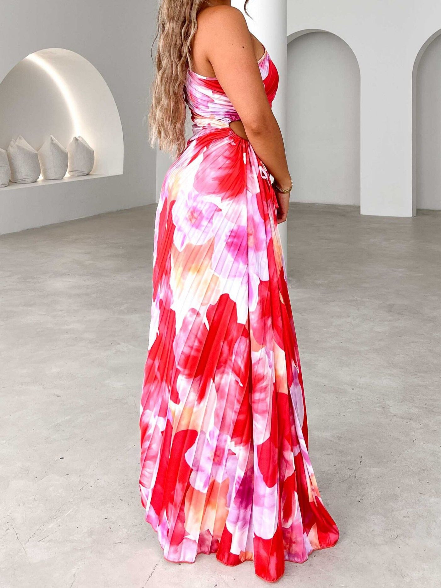 Summer Pleated Printed One-Shoulder Sleeveless Maxi Dress 6