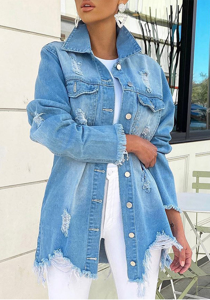 Blue Irregular Ripped Long Sleeves Denim Shirts