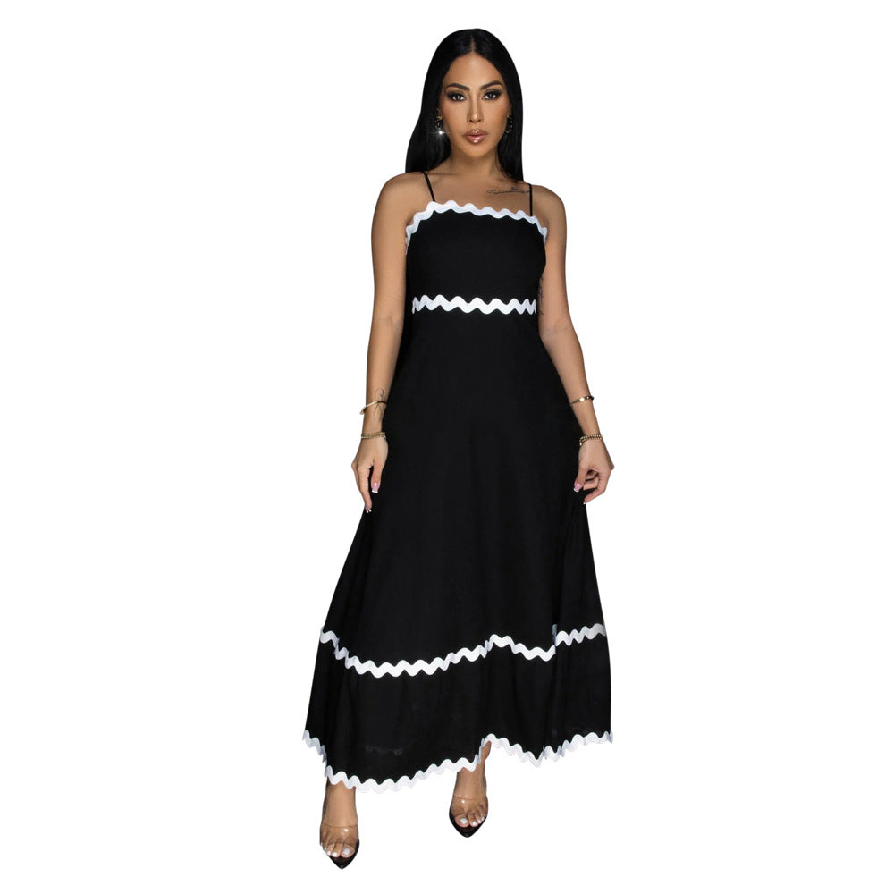 Women Strap Solid Wave Ribbon Patchwork Solid Strap Dress 10