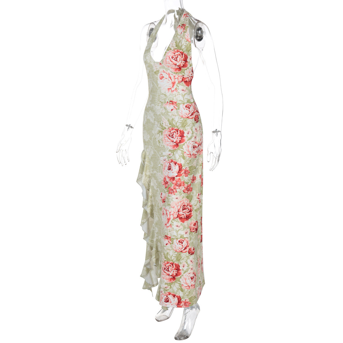 Women Summer Sexy Halter Neck Lace-Up Backless Slit Print Dress 7