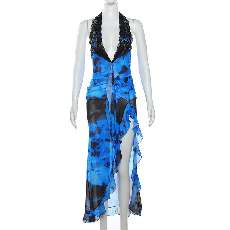 Summer Women's Fashion Halter Neck Sexy Deep V Neck Slim Irregular Dress 8