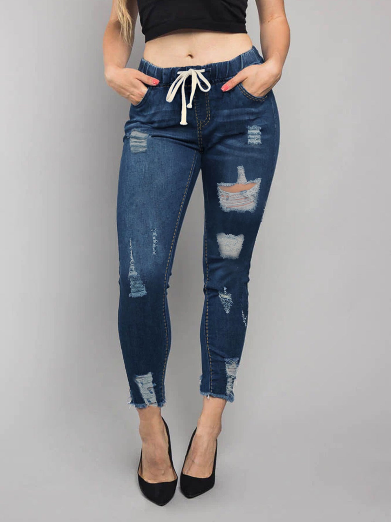Women's Elastic Waist Ripped Denim Pants Women's Mid Rise Tie Slim Fit Stretch Tight Jeans 3
