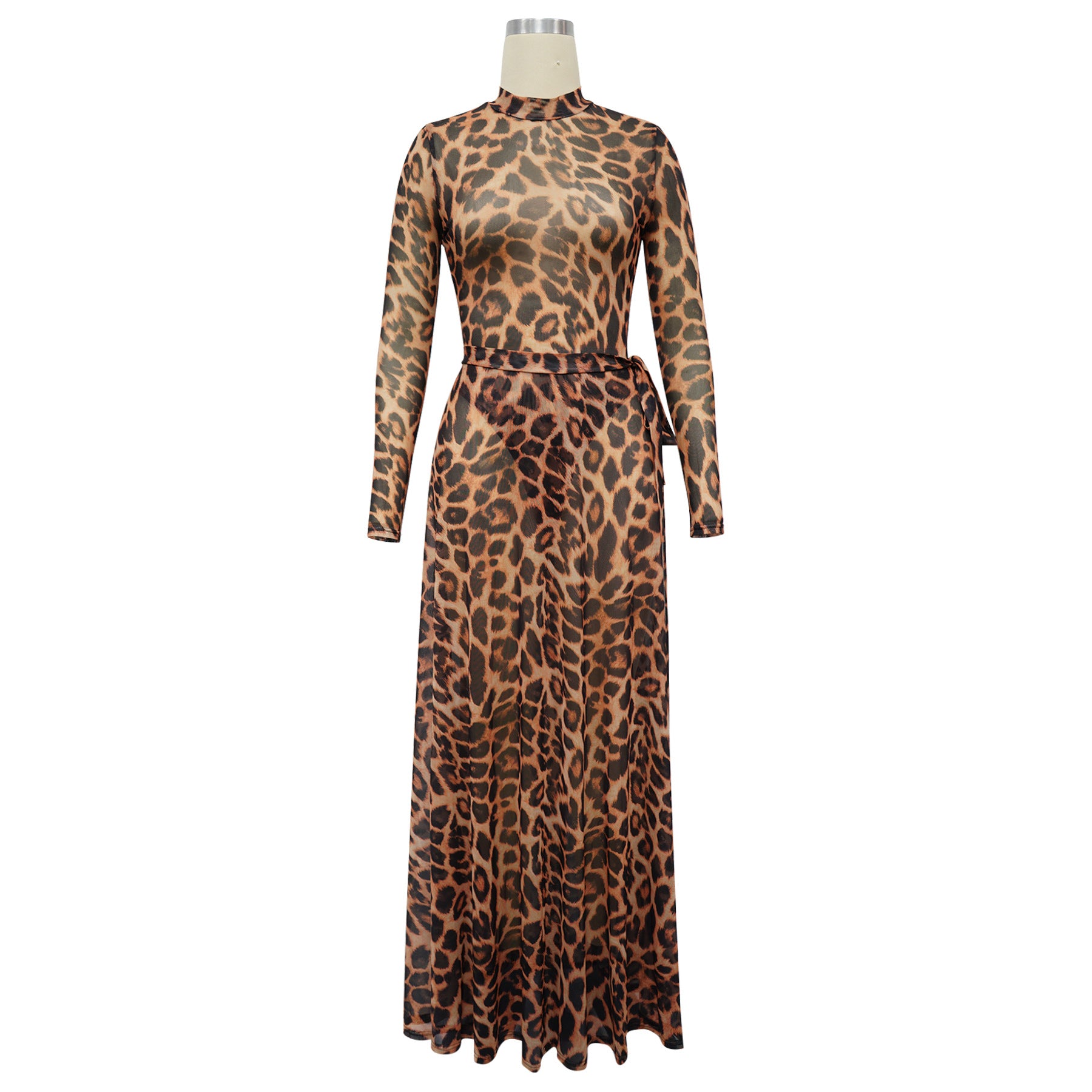 Women Sexy Leopard Print See-Through Bodysuit and Slit Skirt Two-Piece Set 7