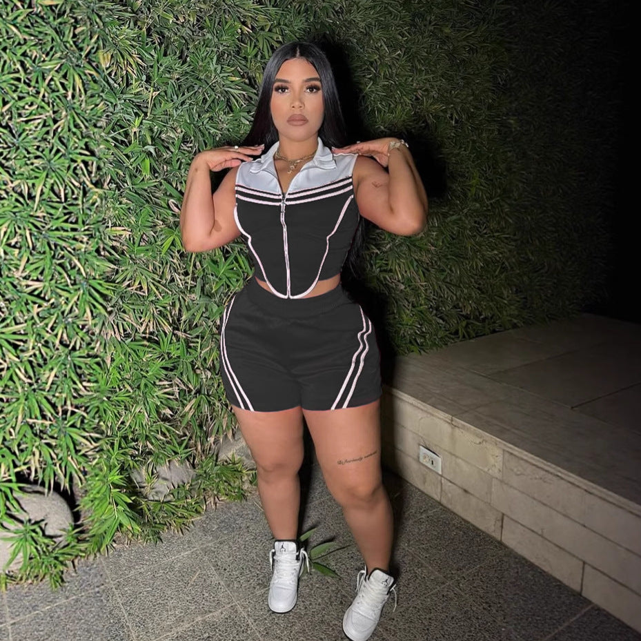 Women Career Casual Striped Patchwork Contrast Color Sleeveless Top and Shorts Sports Two-piece Set 5