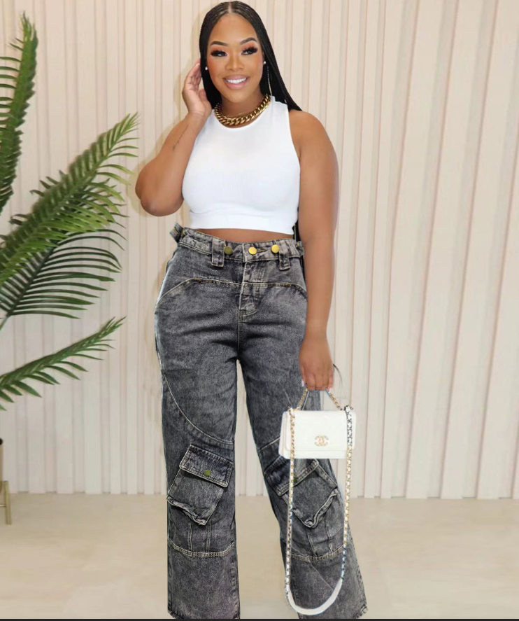 Pocket Cargo Washed Denim Pants Straight Women Jeans