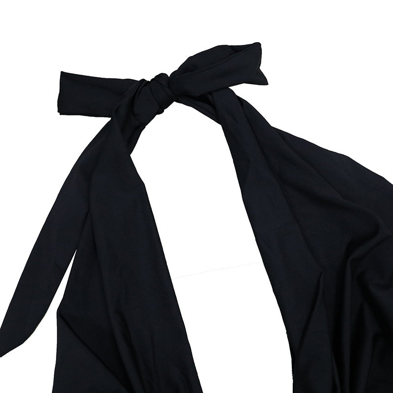 Summer Sexy Women's Halter Neck V-Neck Low Back Pleated Solid Color Chic Long Dress 7