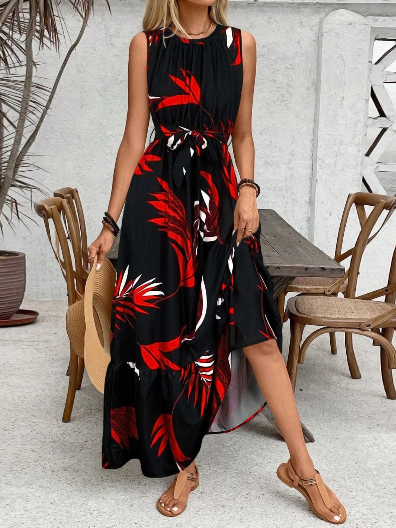 Plus Size Women Elegant Round Neck Sleeveless Belt Maxi Dress 5