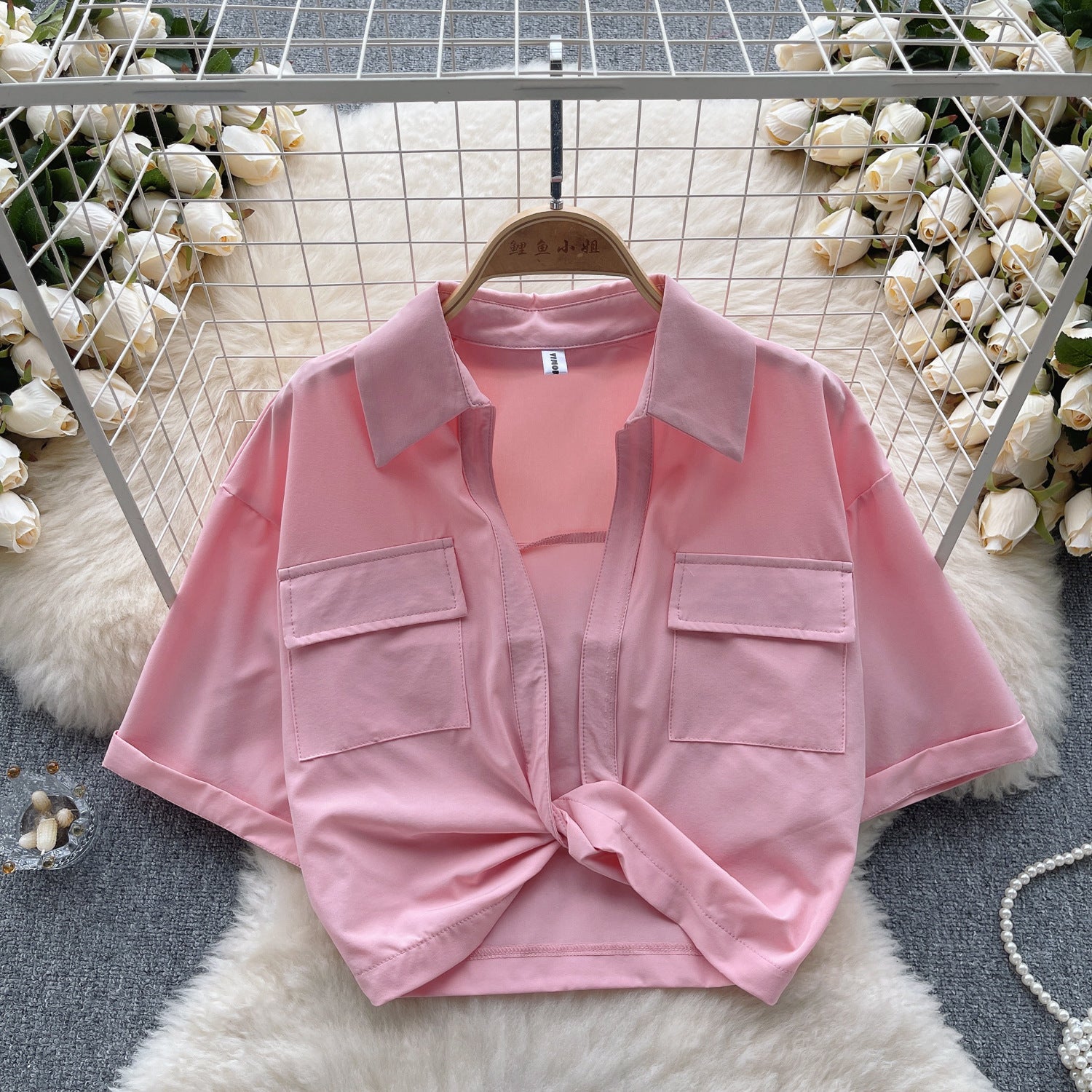 Women Turndown Collar v-neck Knot short-sleeved Crop Top 11