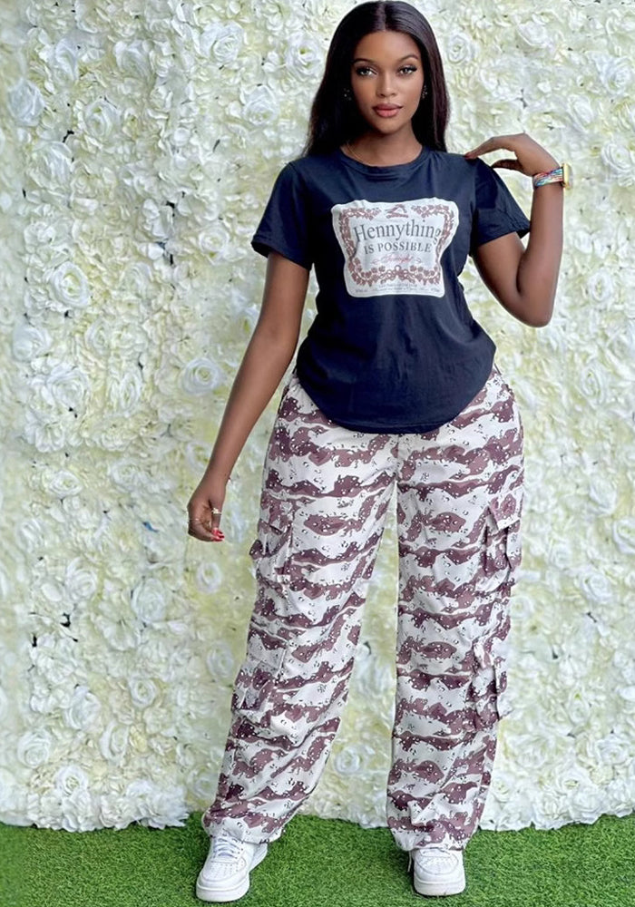 Women Plus Size Round Neck short-sleeved T-shirt camouflage trousers Casual sports Two Piece Set