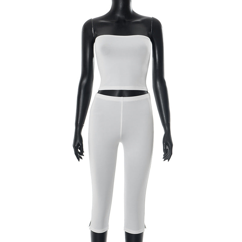 Women's spring and summer solid color Strapless Crop Top elastic waist seven-quarter split pants set 8