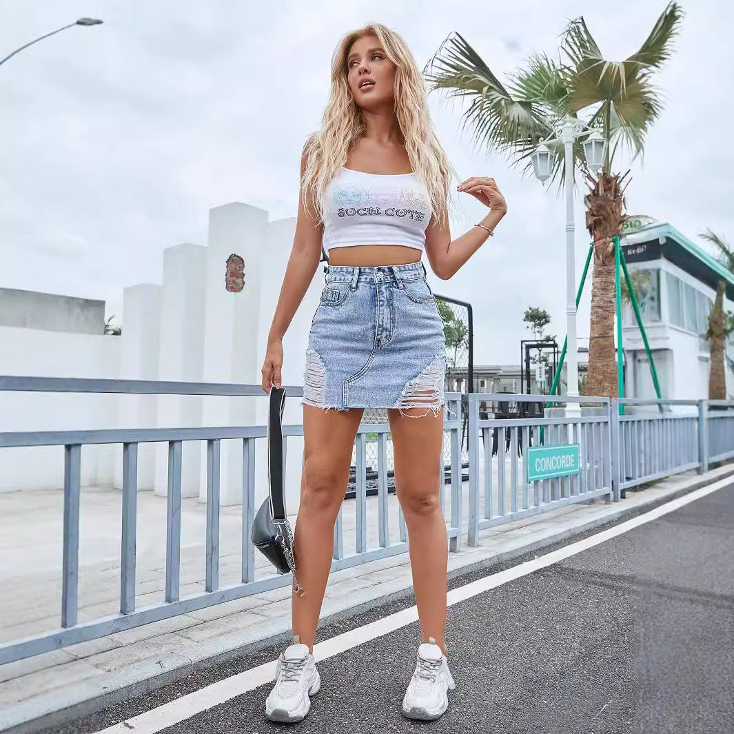 Women retro Ripped Denim Skirt 5