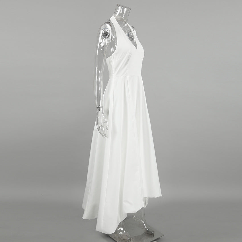 White Sexy Sleeveless Halter Neck Dress Fashion A-Line Maxi Dress for Women 8