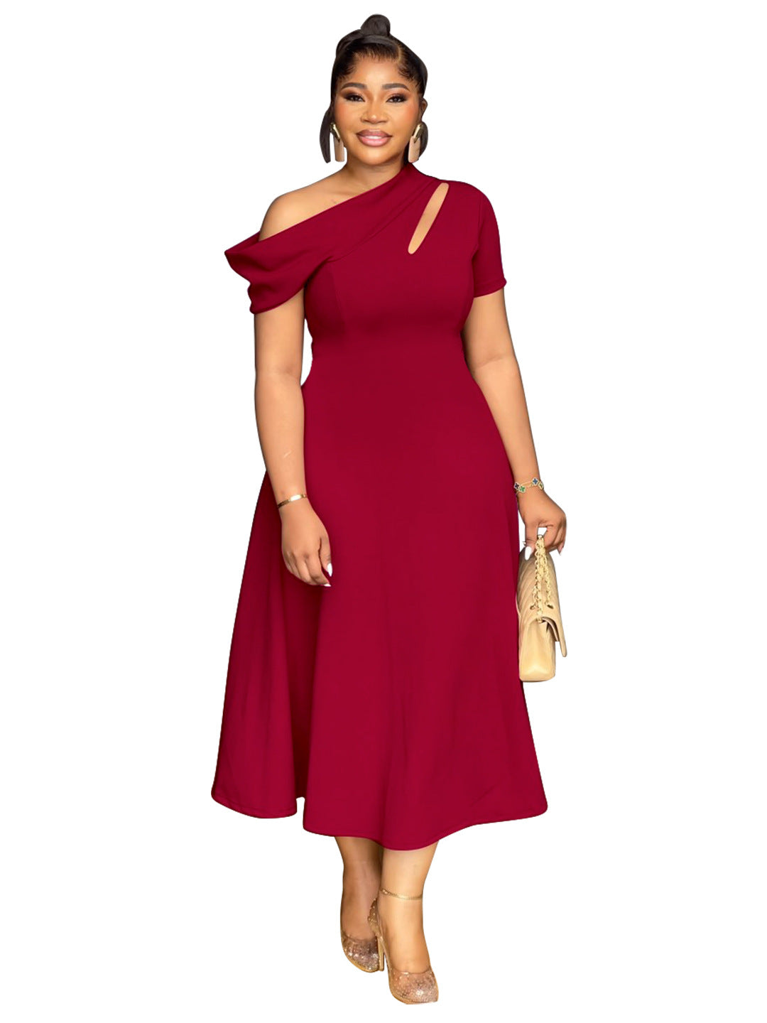 Summer Fashion Women's Slash Shoulder Cut-Out Solid Slim Waist Long Dress 8