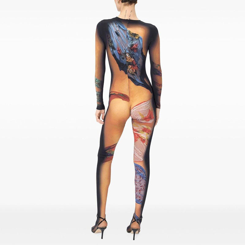 Women Body Painting Print Round Neck Long Sleeve Leg-Connected Jumpsuit 12